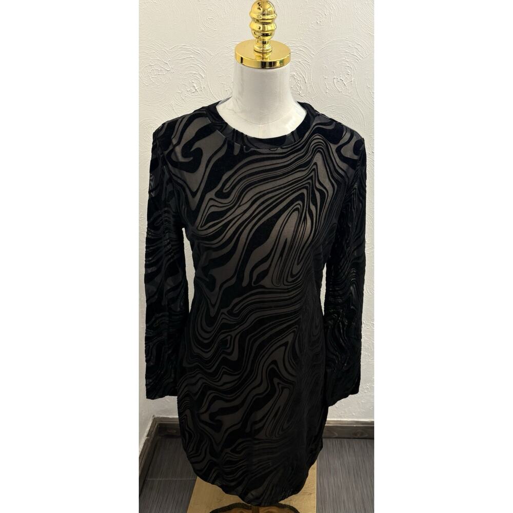 Neeno Women's Black Velvet Burnout Marble Print Mesh Bodycon Dress Lined Large